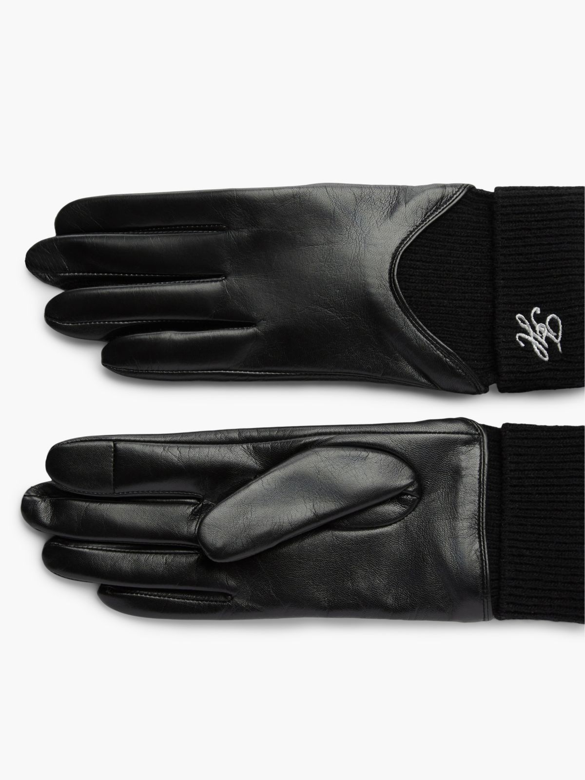 Leather & Rib-Knit Wool Glove — Black