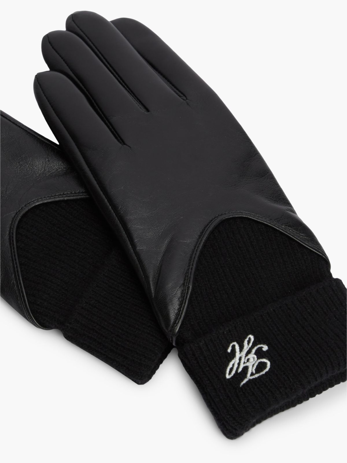 Leather & Rib-Knit Wool Glove — Black