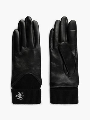 Leather & Rib-Knit Wool Glove, Black