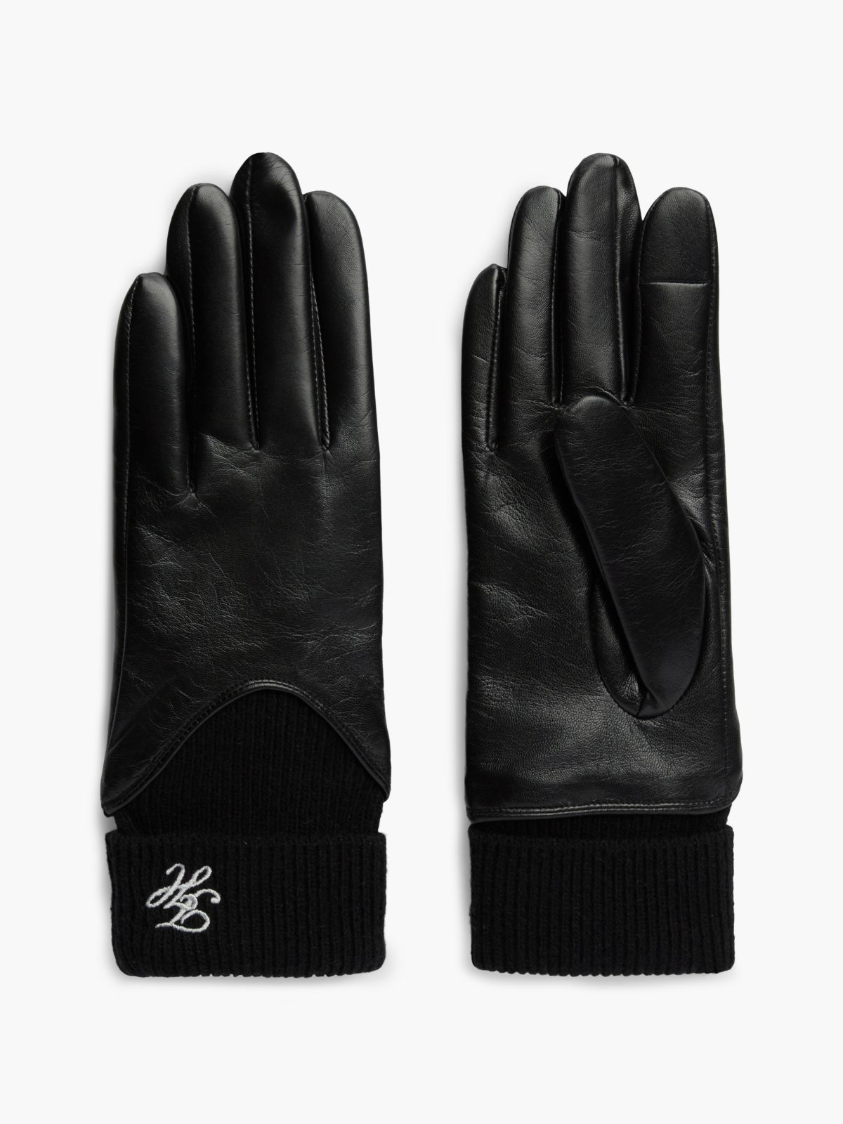 Leather & Rib-Knit Wool Glove — Black