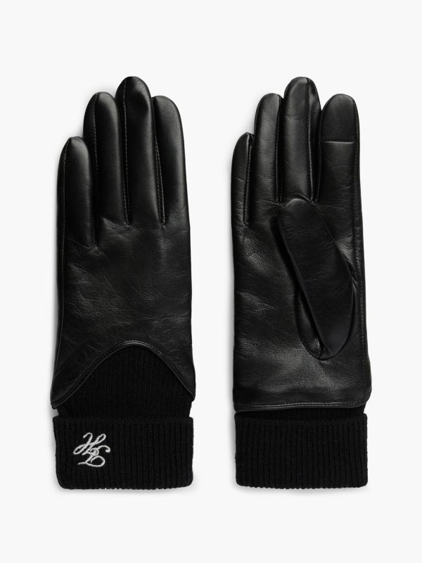 Leather & Rib-Knit Wool Glove — Black