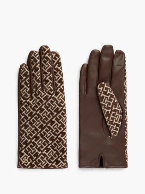 Leather & Jacquard Monogram Glove, Rich Walnut