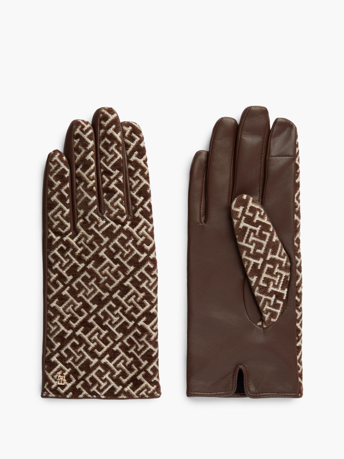 Leather & Jacquard Monogram Glove — Rich Walnut