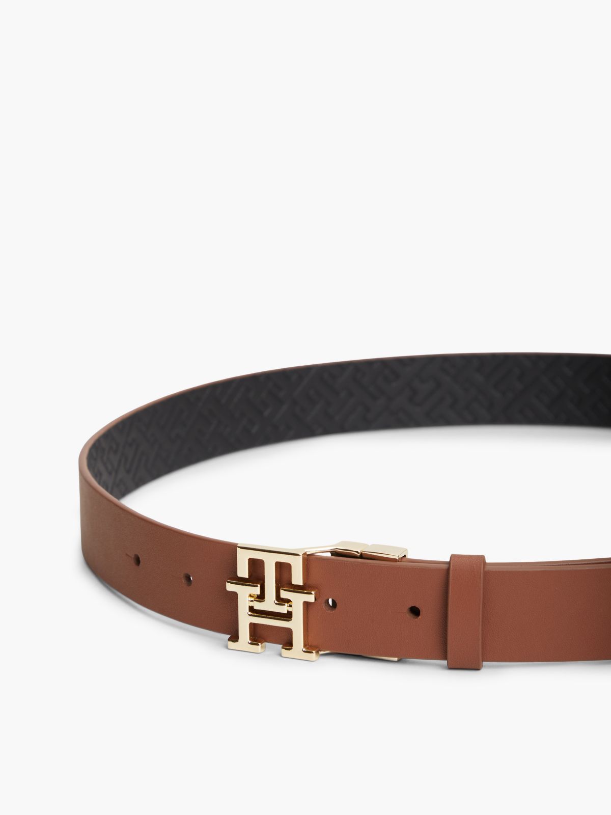 Monogram Buckle Reversible Leather Belt — Black Cognac