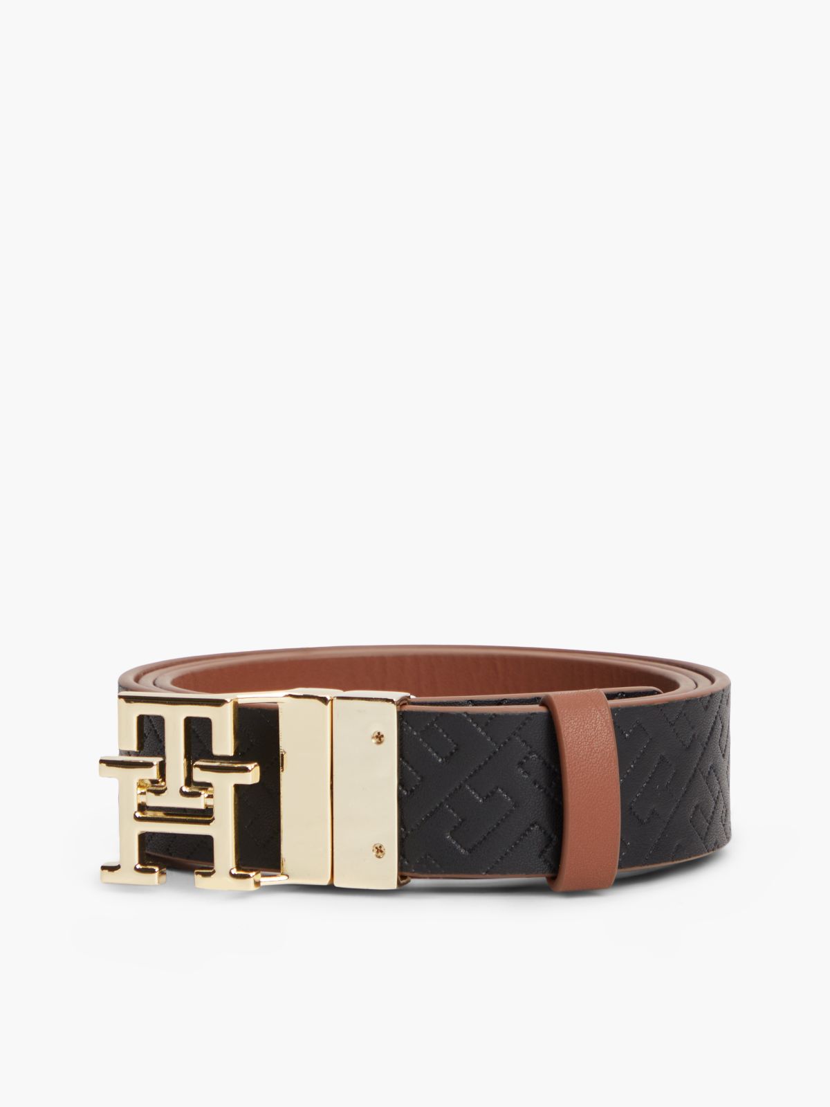 Monogram Buckle Reversible Leather Belt — Black Cognac