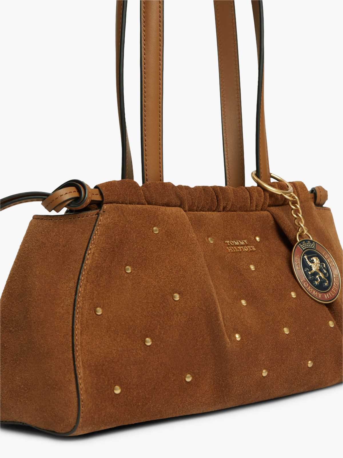 Studded Suede Shoulder Bag — Cognac