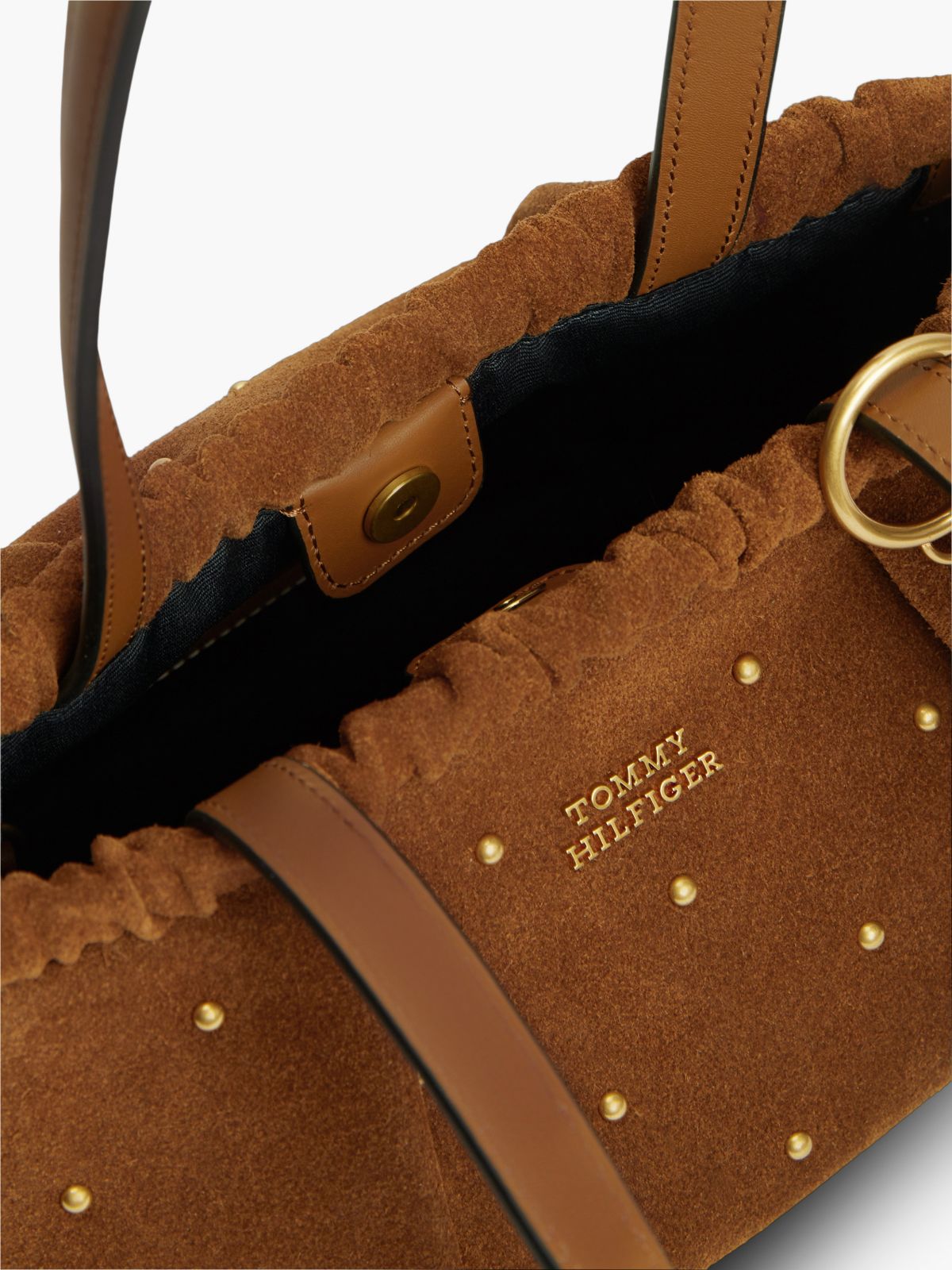 Studded Suede Shoulder Bag — Cognac