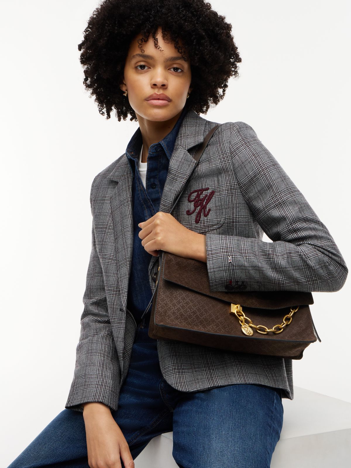 Chain Accent Monogram Suede Shoulder Bag — Fondant Brown