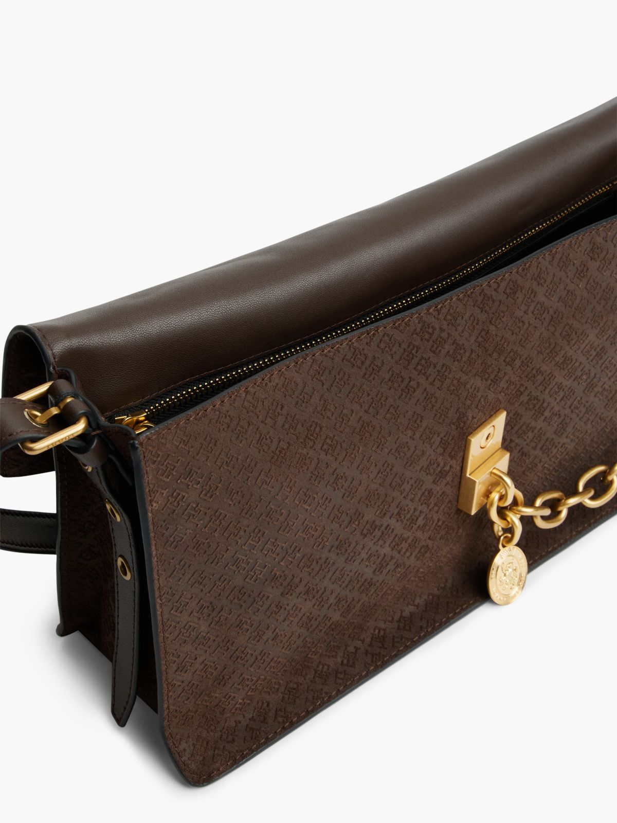 Chain Accent Monogram Suede Shoulder Bag — Fondant Brown