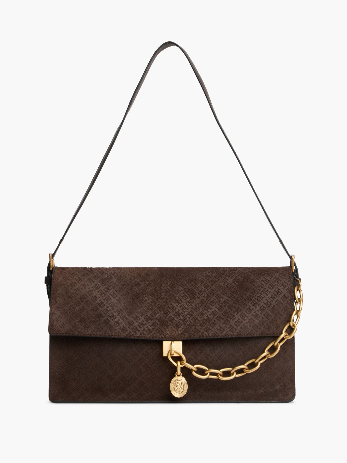 Chain Accent Monogram Suede Shoulder Bag — Fondant Brown