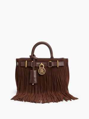 Fringed Suede & Leather Micro Tote Bag, Fondant Brown