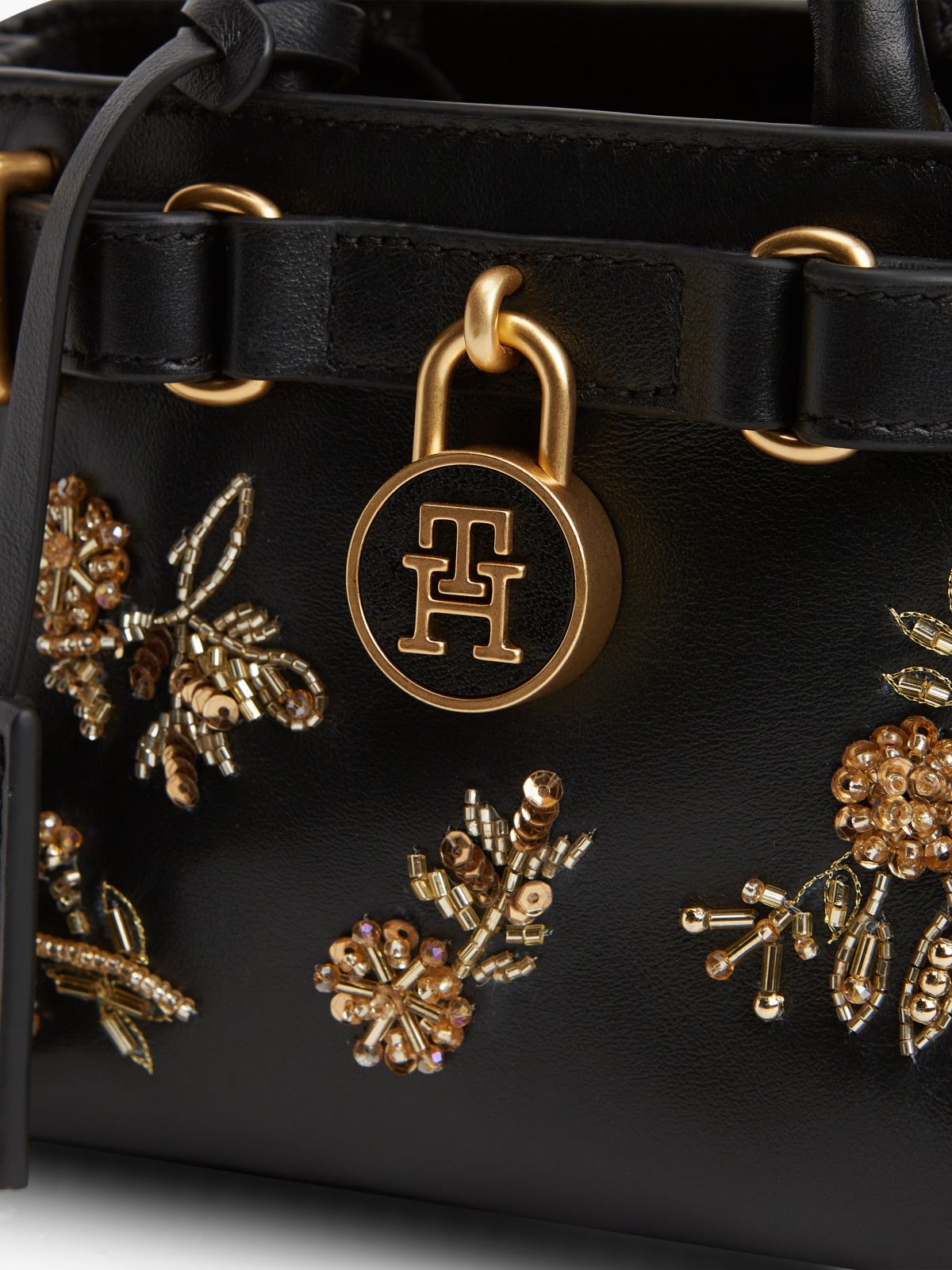 Floral Motif Leather Micro Tote Bag — Black