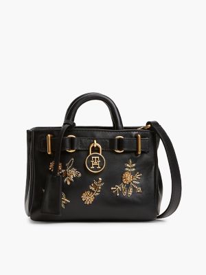 Floral Motif Leather Micro Tote Bag, Black