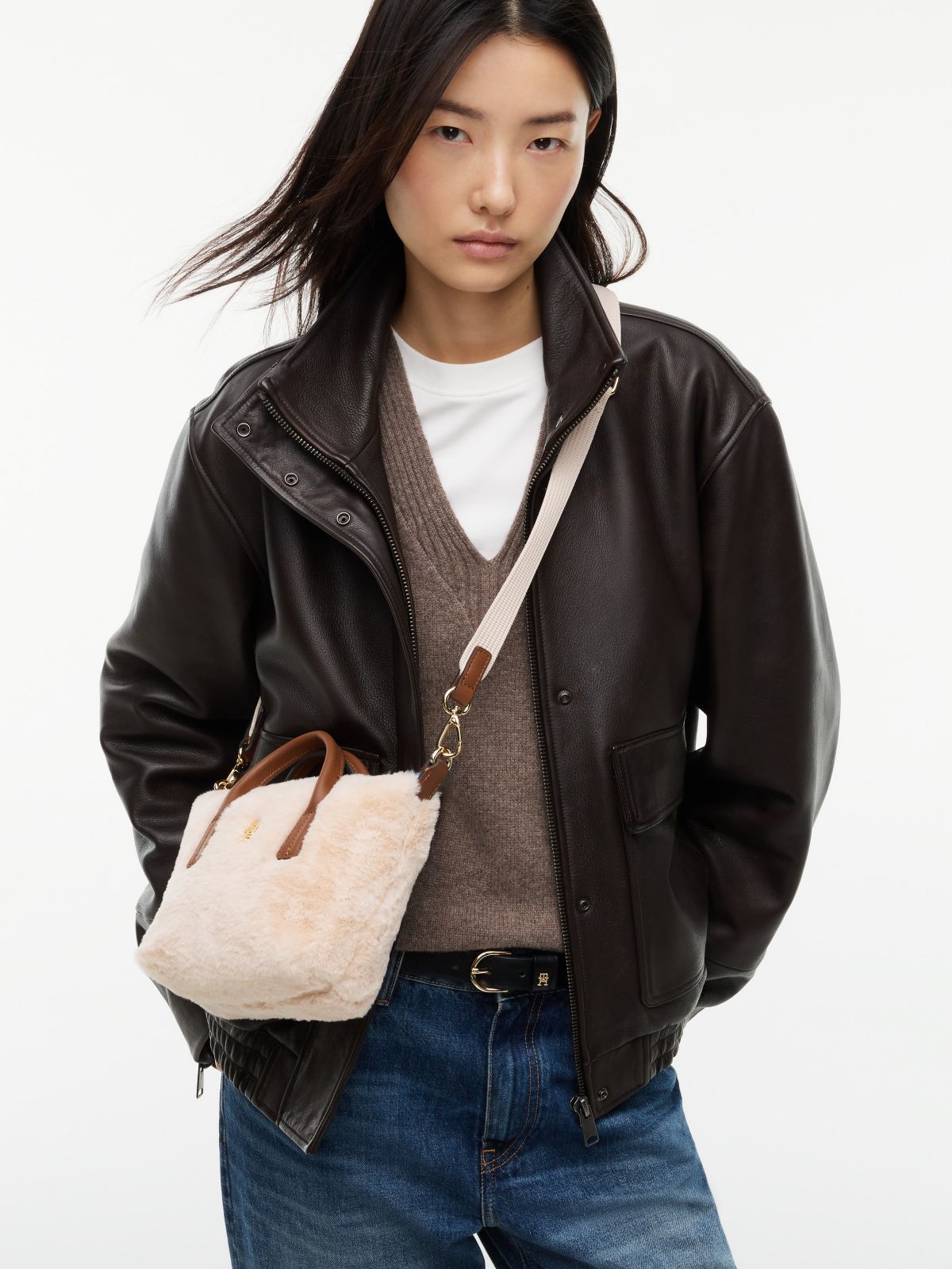 Monogram Faux Fur Micro Tote Bag — Beige