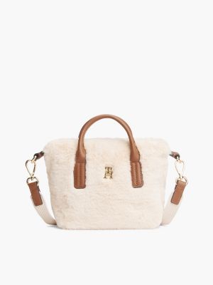 Monogram Faux Fur Micro Tote Bag, Beige