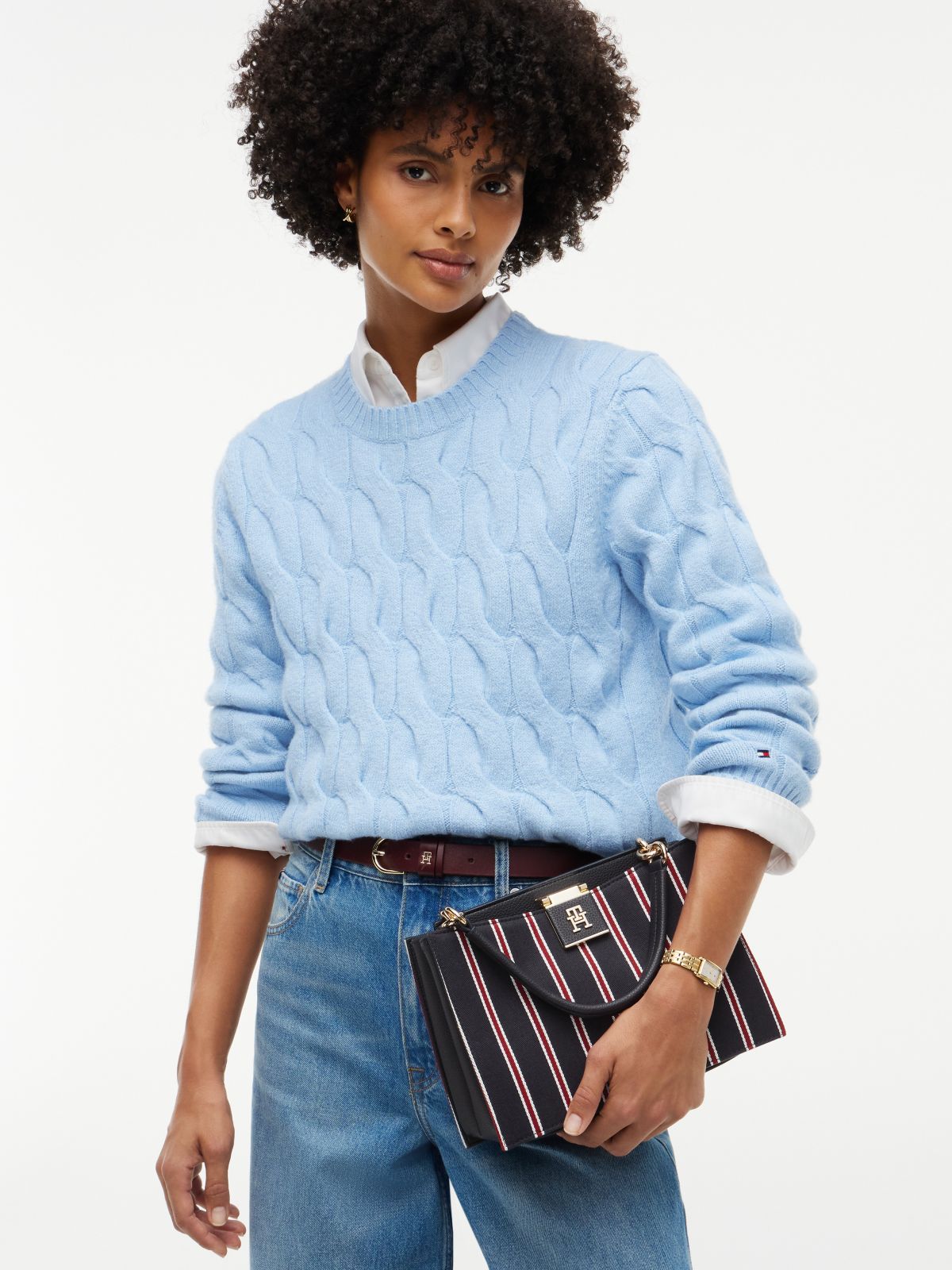 Varsity Stripe Medium Satchel Bag — Space Blue