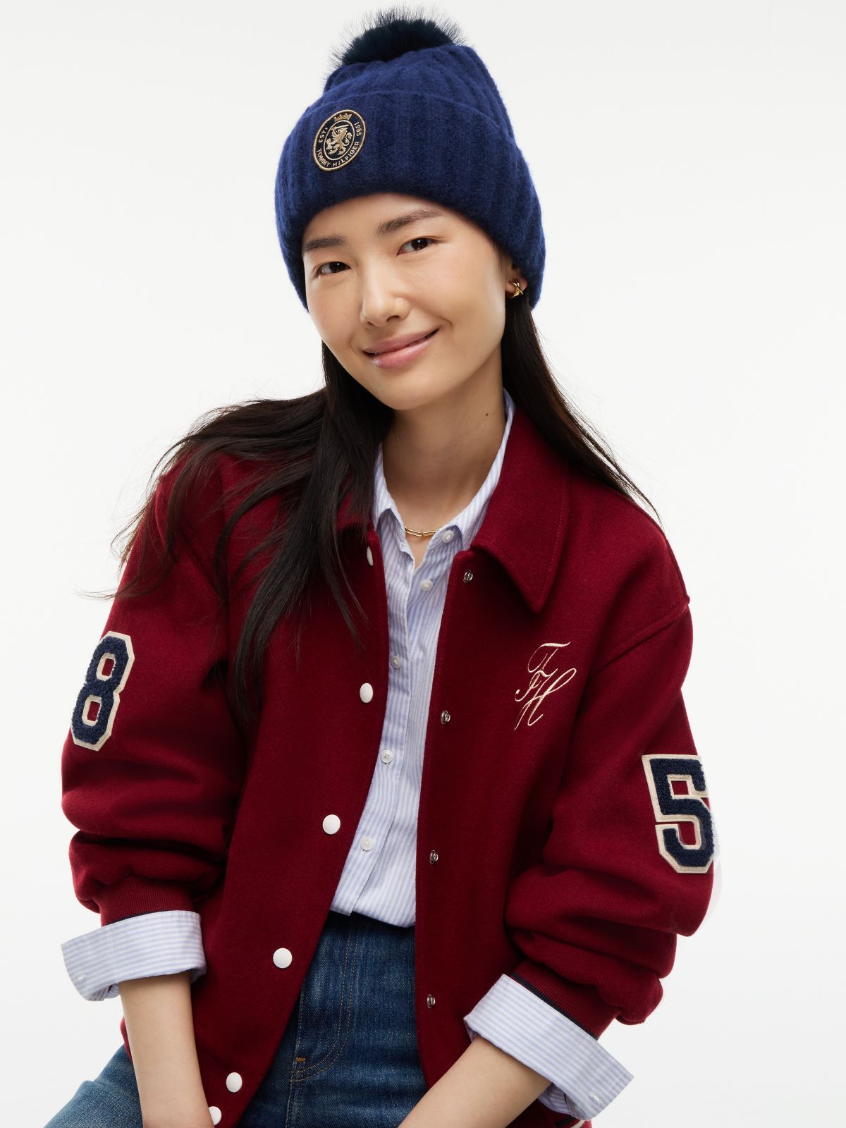 Crest Logo Patch Pom Beanie — Space Blue