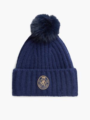 Crest Logo Patch Pom Beanie, Space Blue