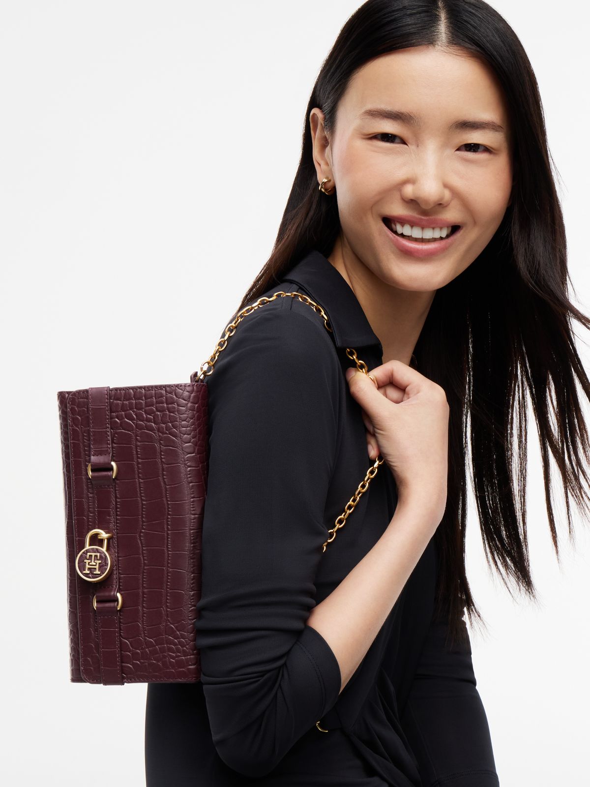 Croc-Embossed Leather Crossbody — Oxblood