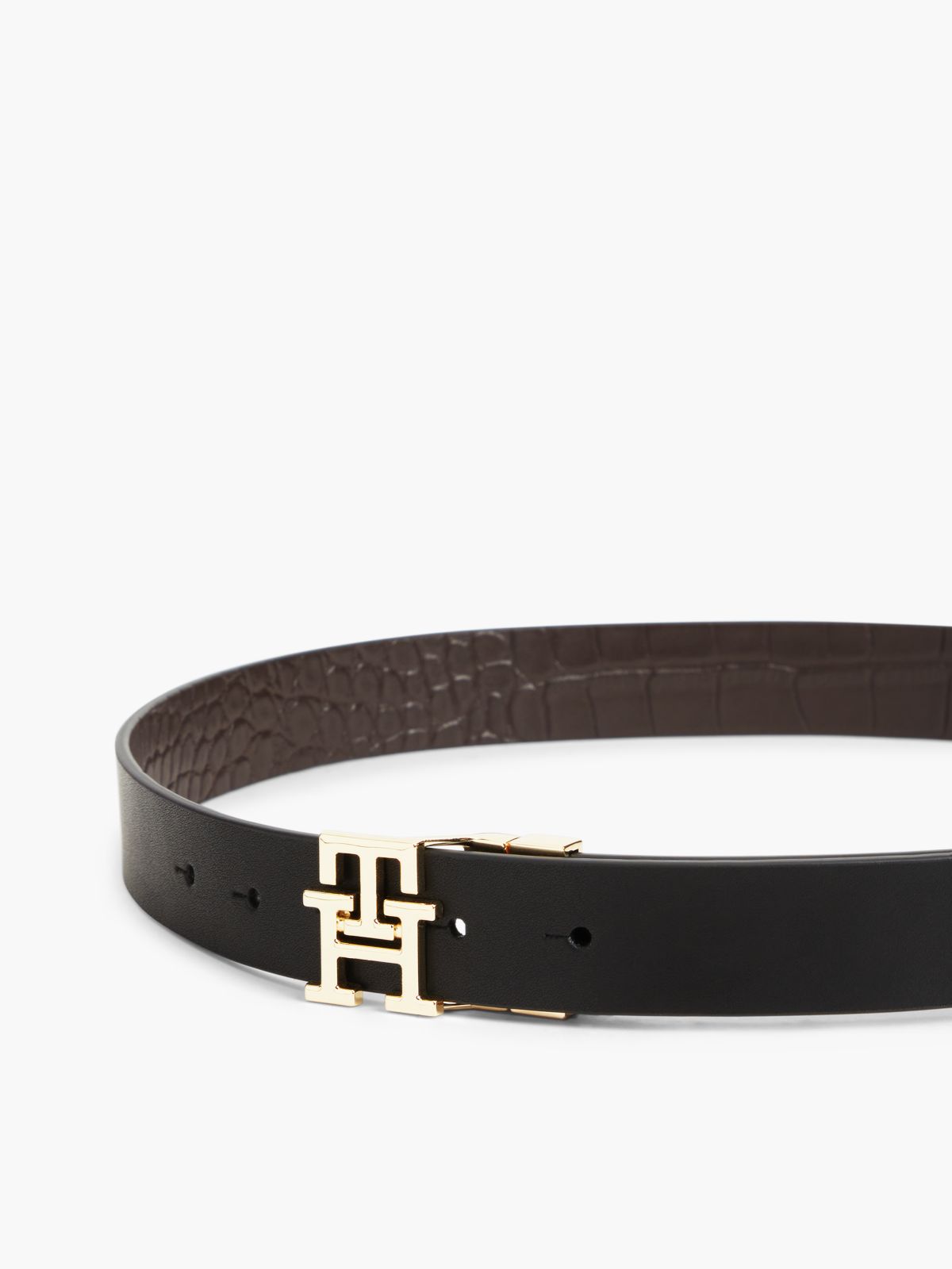 Monogram Buckle Reversible Leather Belt — Black