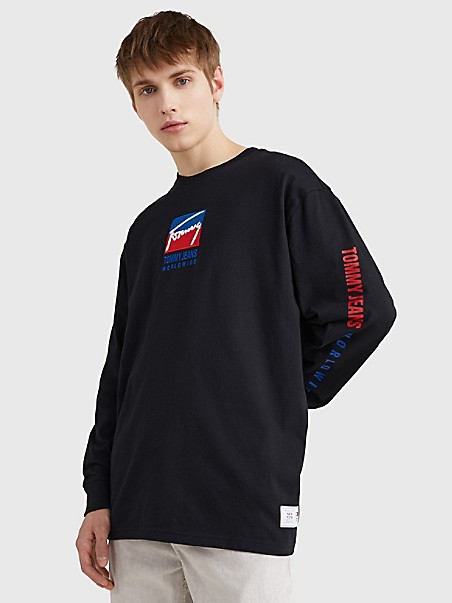타미 진스 티셔츠 TOMMY JEANS Long-Sleeve Logo T-Shirt,BLACK