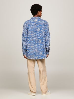 Oversized Tiger Print Camo Denim Shirt, Blue Tiger Camo