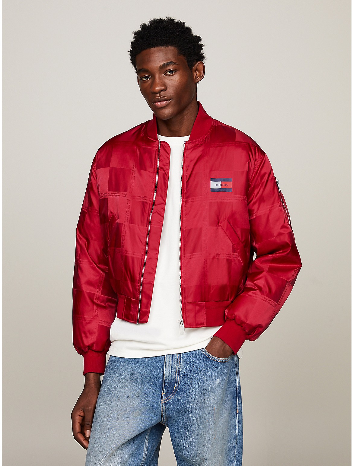 Shop Tommy Hilfiger Jacquard Check Boxy Bomber Jacket In Medium Red