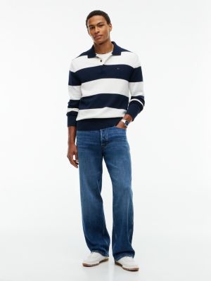 Мужские рубашки Tommy Hilfiger Tommy Jeans Slim Fit Sweater Polo, цвет: Синий полосатый — фото 2