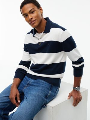 Мужские рубашки Tommy Hilfiger Tommy Jeans Slim Fit Sweater Polo, цвет: Синий полосатый — фото 3