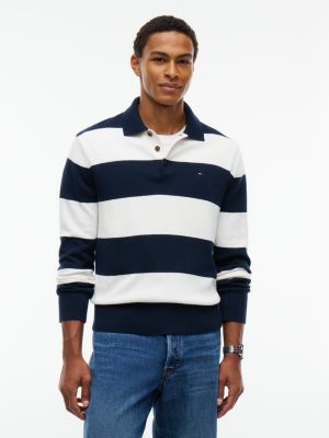 Мужские рубашки Tommy Hilfiger Tommy Jeans Slim Fit Sweater Polo, цвет: Синий полосатый — фото 1