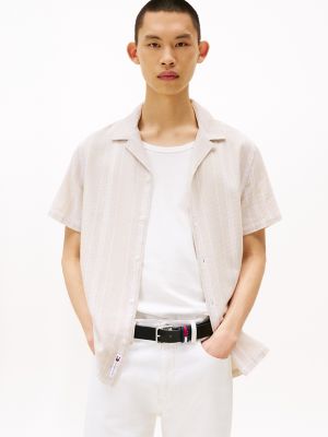 Tommy Jeans Textured Stripe Camp Shirt, Beige Stripe