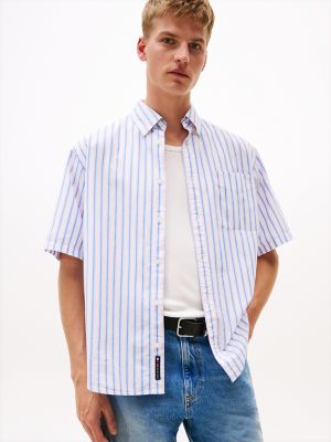 Tommy Jeans Relaxed Poplin Stripe Shirt, Ecru/Blue Stripe