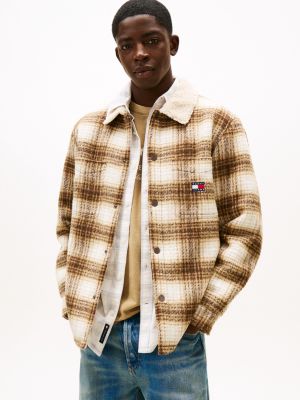 Tommy Jeans Teddy-Collar Check Overshirt, Brown Check