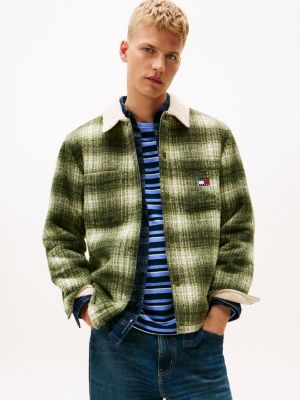 Tommy Jeans Teddy-Collar Check Overshirt, Dark Greenery Check