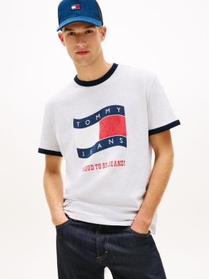 Tommy Jeans Wavy Flag Ringer T-Shirt, Ice Grey Heather