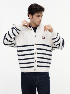 Tommy Jeans Cable Knit Polo Cardigan, Ancient White/Navy Stripe