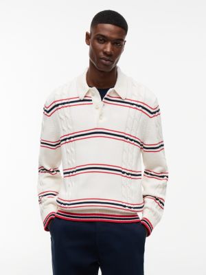 Tommy Jeans Cable Knit Sweater Polo, White Multi Stripe