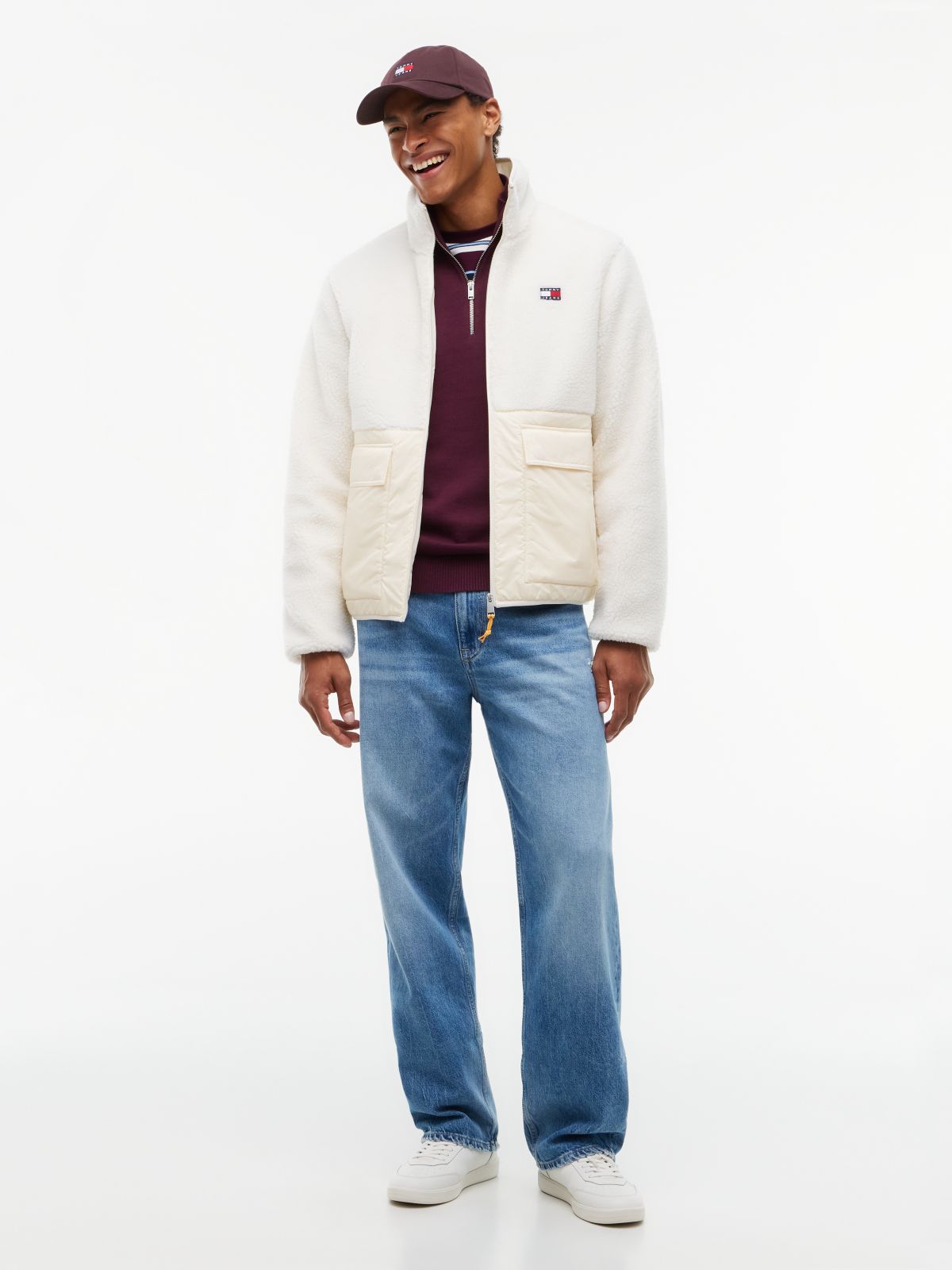 Tommy Jeans Mixed-Media Teddy Jacket — Cream