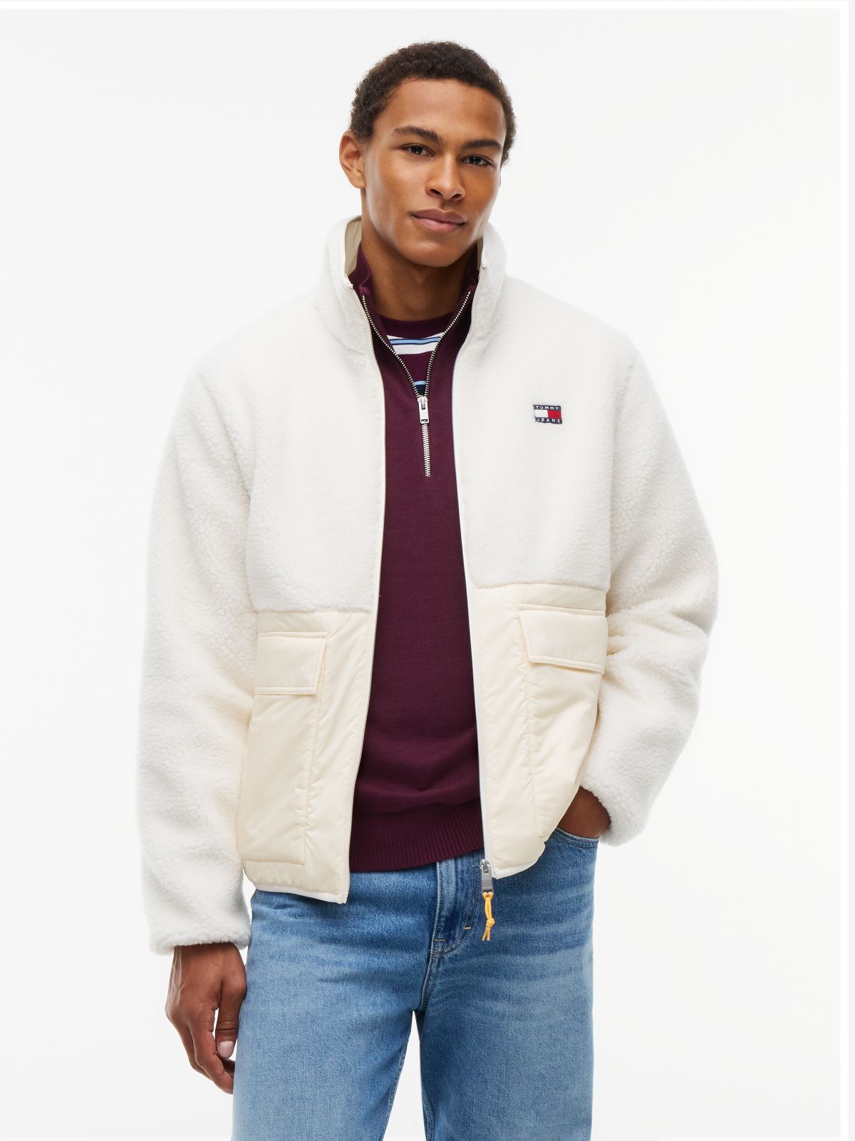 Tommy Jeans Mixed-Media Teddy Jacket — Cream