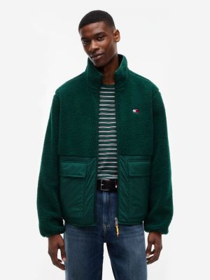 Tommy Jeans Mixed-Media Teddy Jacket, Velvet Green