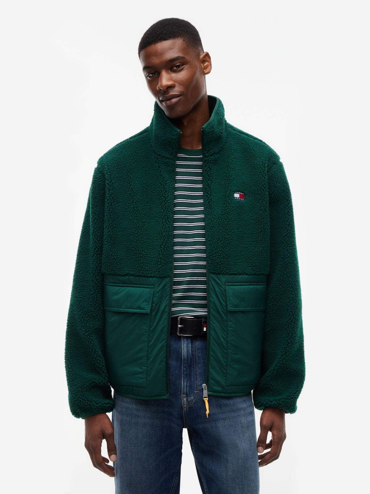 Tommy Jeans Mixed-Media Teddy Jacket — Velvet Green