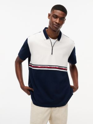 Tommy Jeans Relaxed Quarter-Zip Polo, White/Navy Colorblock
