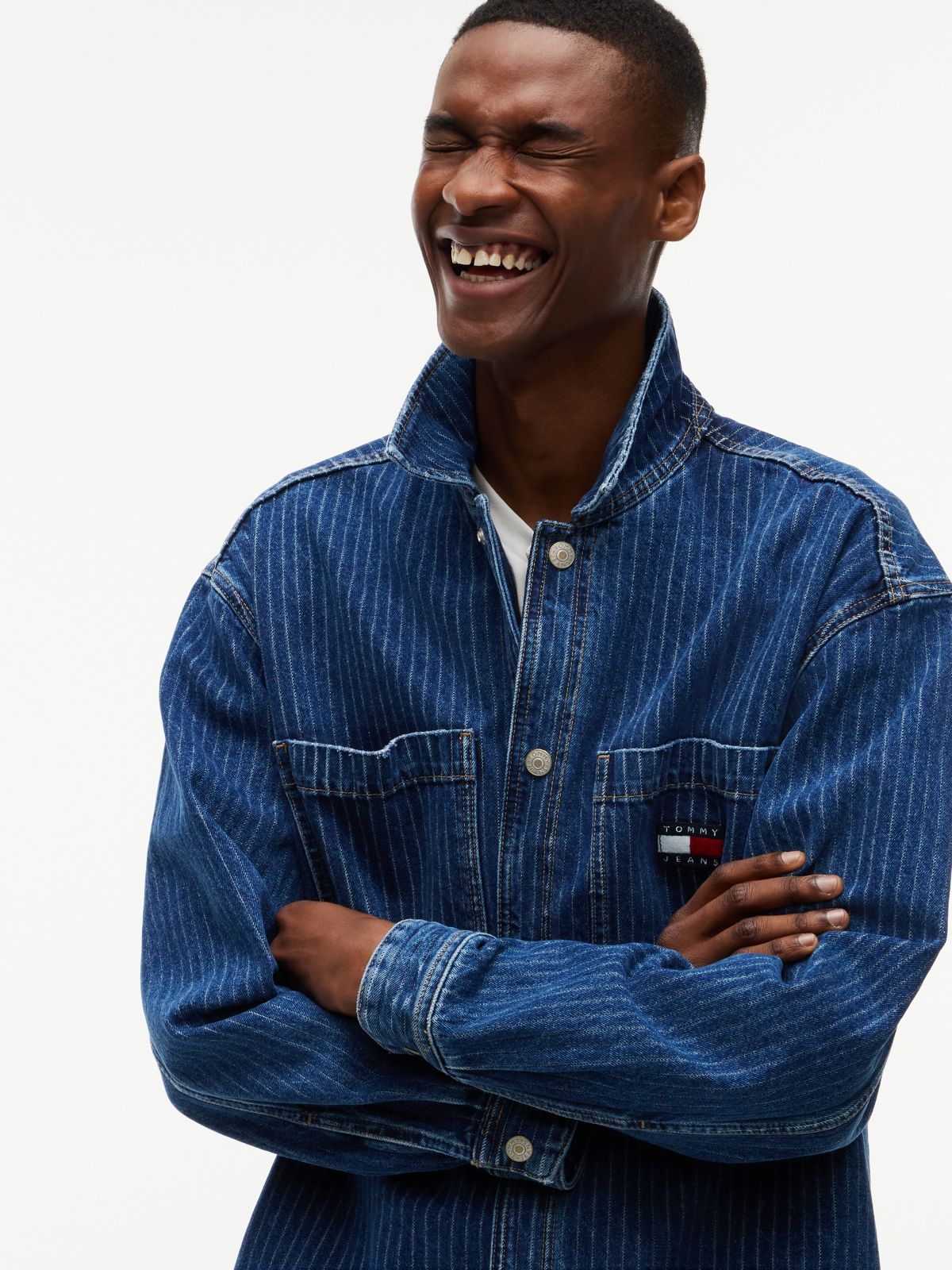 Tommy Jeans Striped Denim Shirt Jacket — Denim Dark