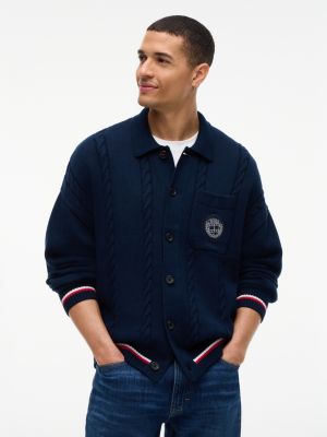 Tommy Jeans Cable Knit Polo Cardigan, Dark Blue