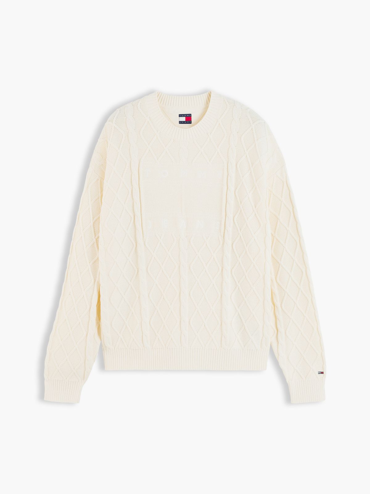 Tommy Jeans Flag Logo Cable Knit Sweater — Cream