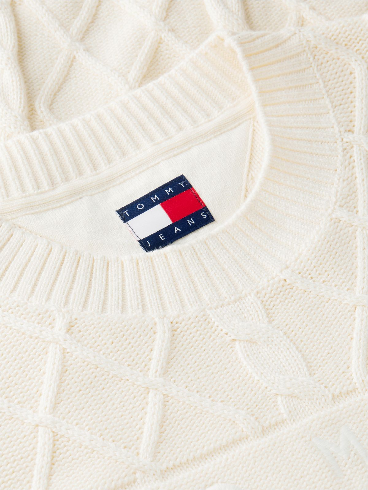 Tommy Jeans Flag Logo Cable Knit Sweater — Cream