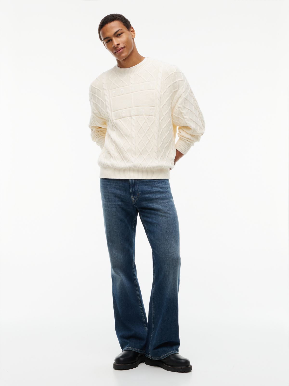 Tommy Jeans Flag Logo Cable Knit Sweater — Cream