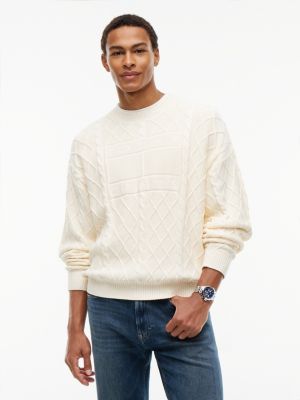 Tommy Jeans Flag Logo Cable Knit Sweater, Cream