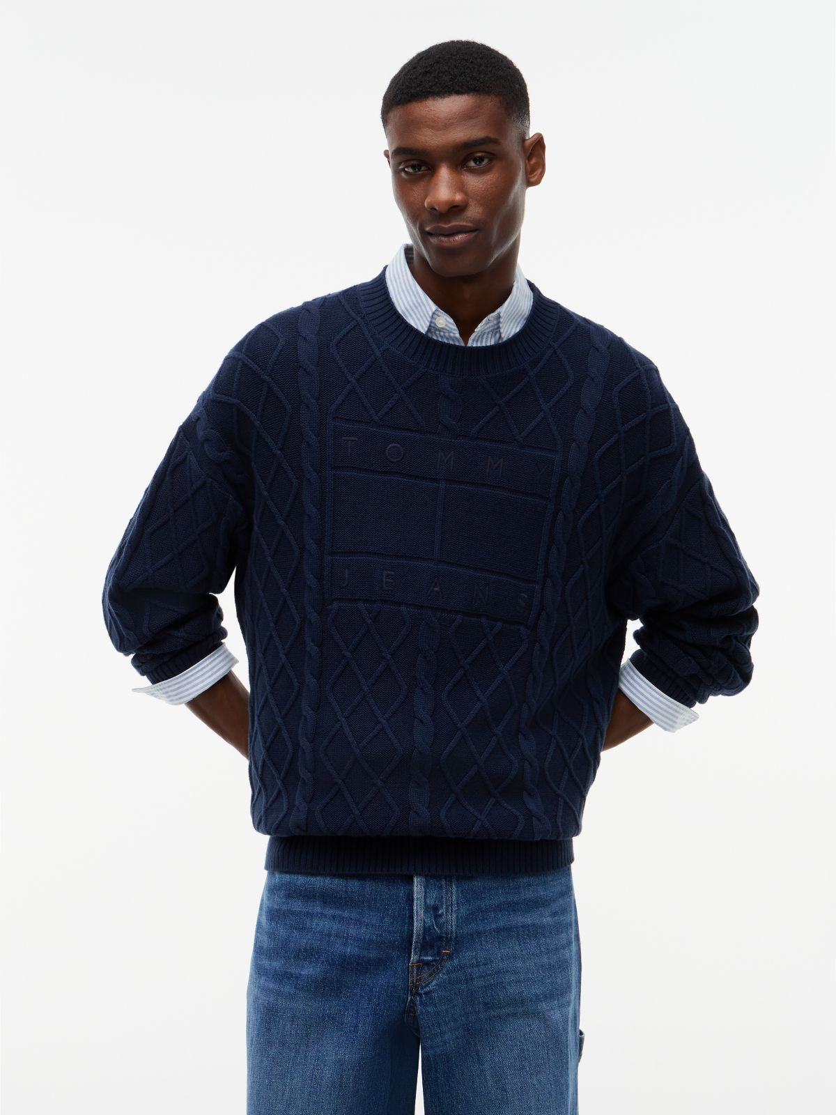 Tommy Jeans Flag Logo Cable Knit Sweater — Dark Blue