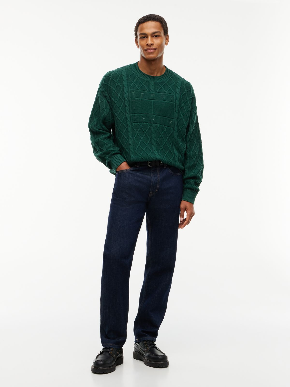 Tommy Jeans Flag Logo Cable Knit Sweater — Velvet Green